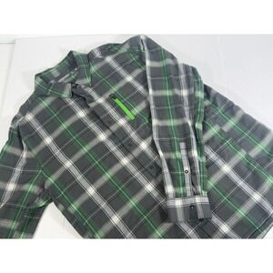 Icebreaker Merino Mens Plaid Long Sleeve Button Up Shirt Green Gray Zip Pocket